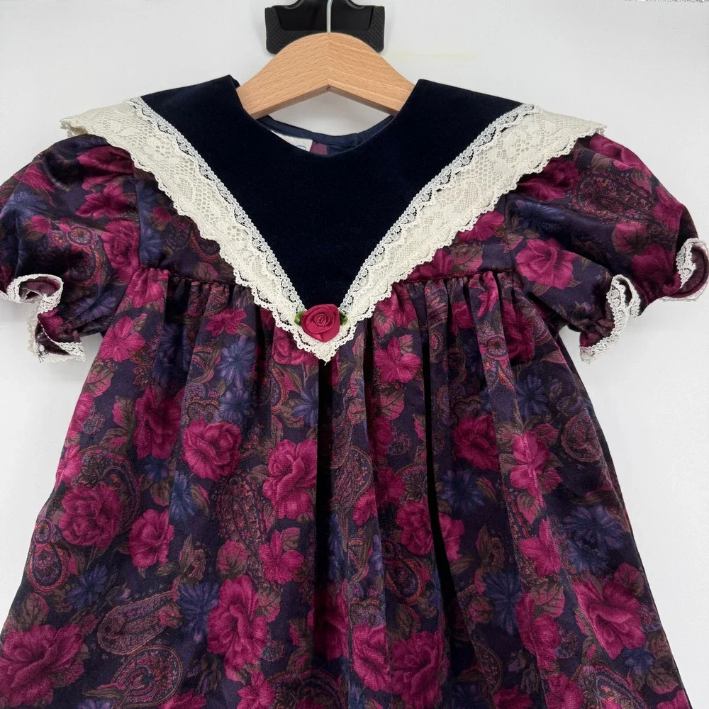 Piccolo Vintage 90s Girl's Paisley Floral Velour Collar Dress 3T‎